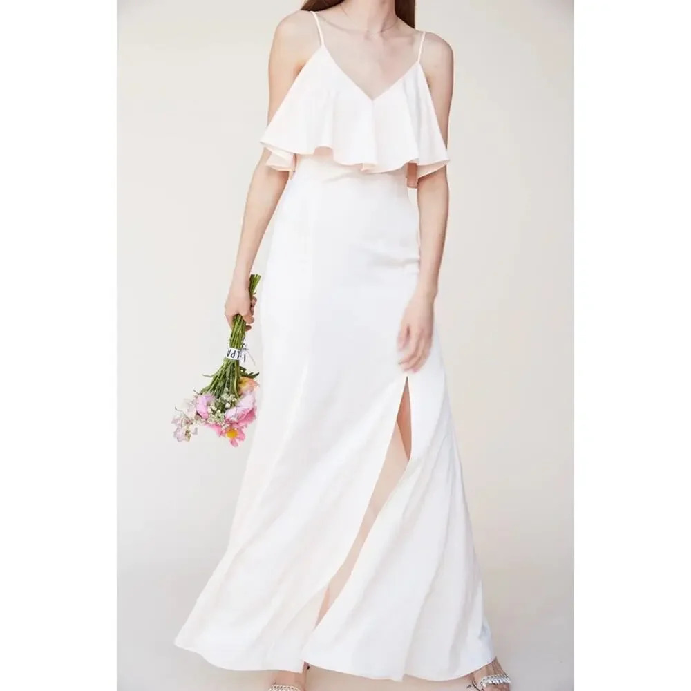 LPA V neck ruffle gown in Champagne